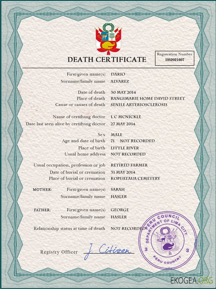 Modèle PSD de certificat de décès du Pérou